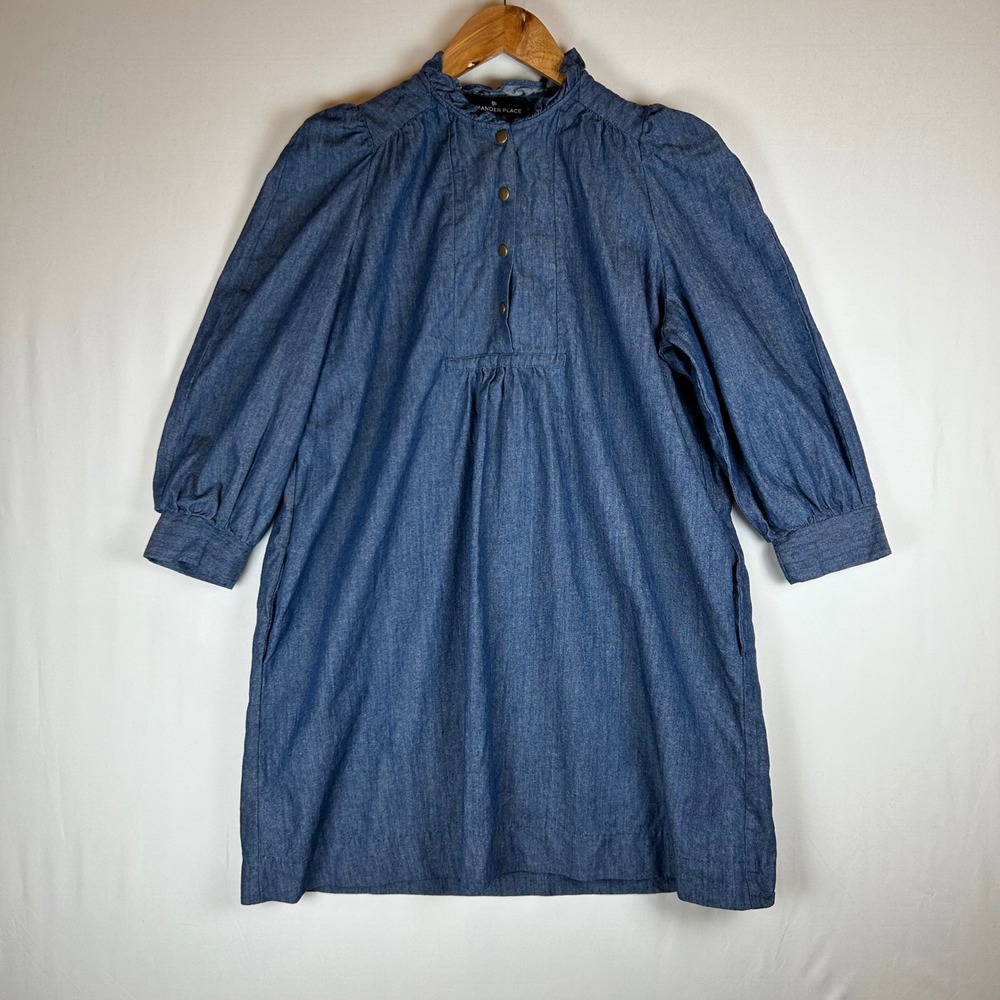 Pomander Place Blue Denim Ruffle Neck Puff Sleeve Cotton Shift Dress Womens S